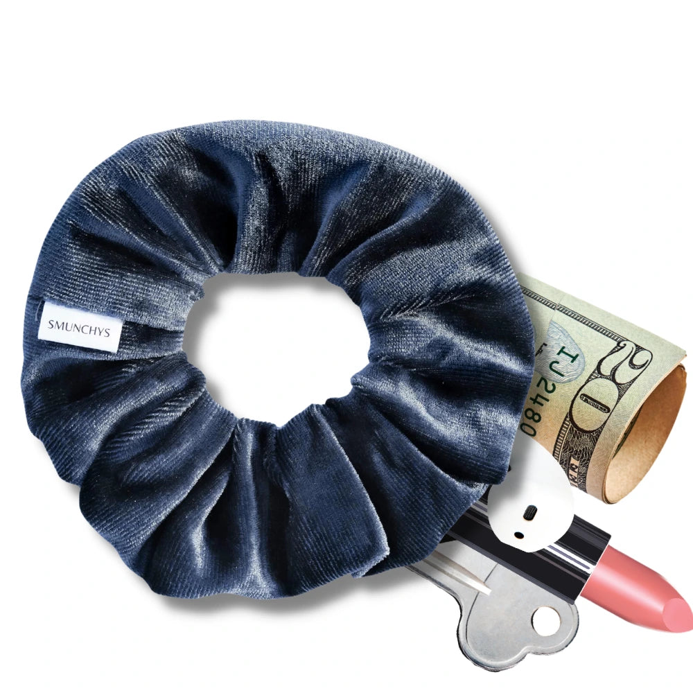 Dark Blue Velvet Zipper Pocket Scrunchy