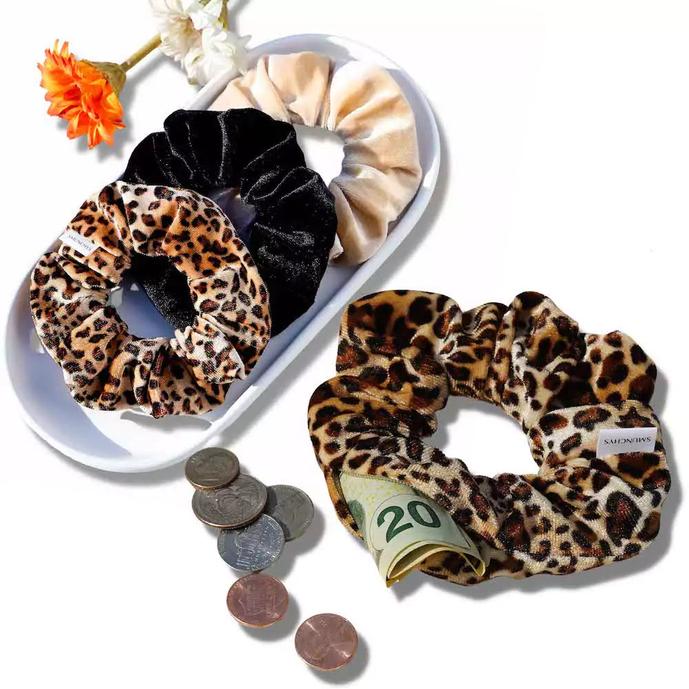 3-Pack Black, Cream, Leopard Velvet Zipper Pocket Scrunchies