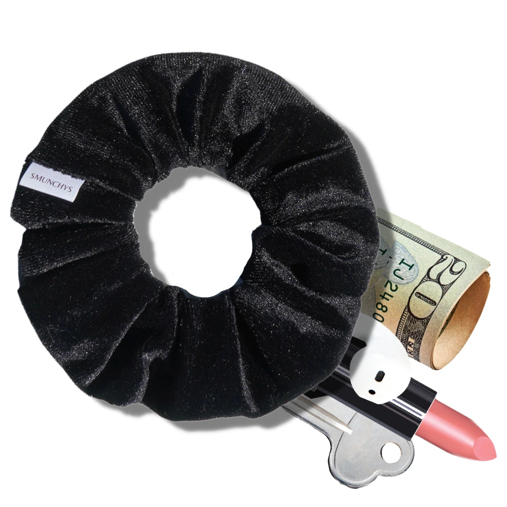 Black Velvet Zipper Pocket Scrunchy