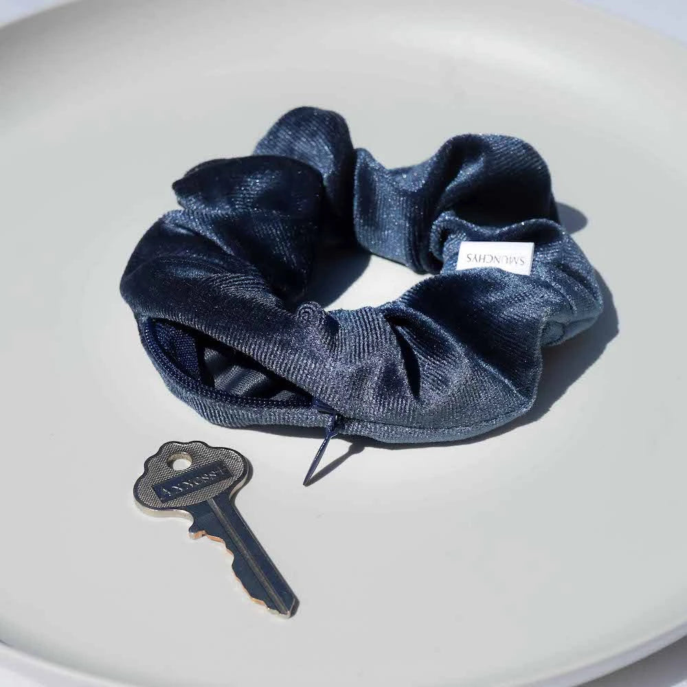 Dark Blue Velvet Zipper Pocket Scrunchy