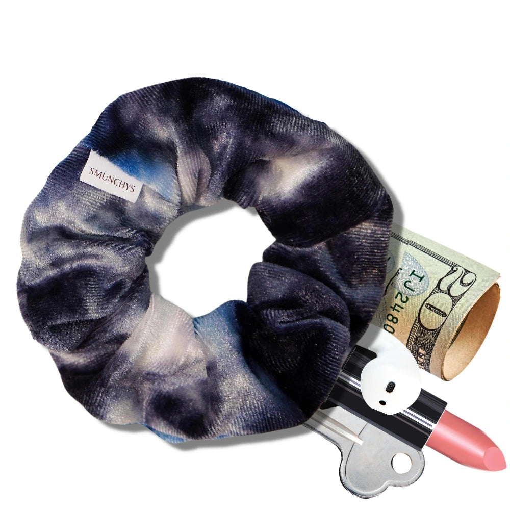Blue Tie-Dye Velvet Zipper Pocket Scrunchy