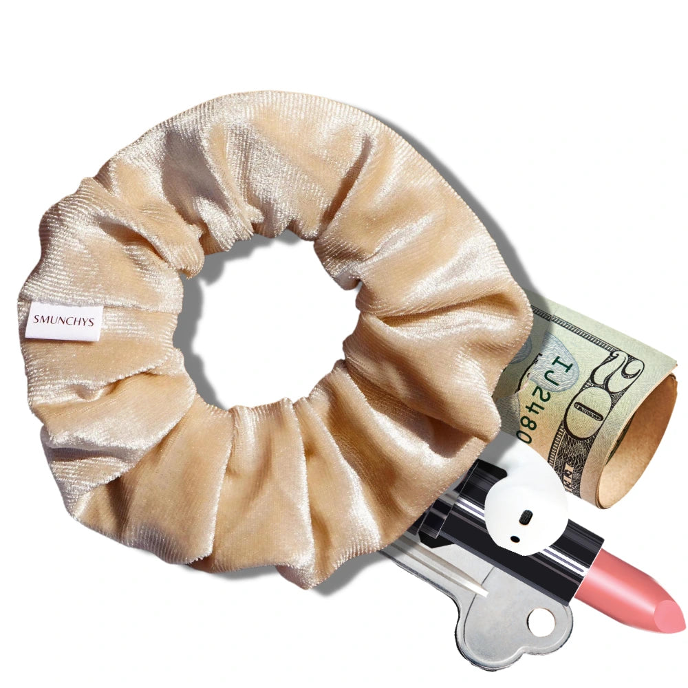 Cream Velvet Zipper Pocket Scrunchy