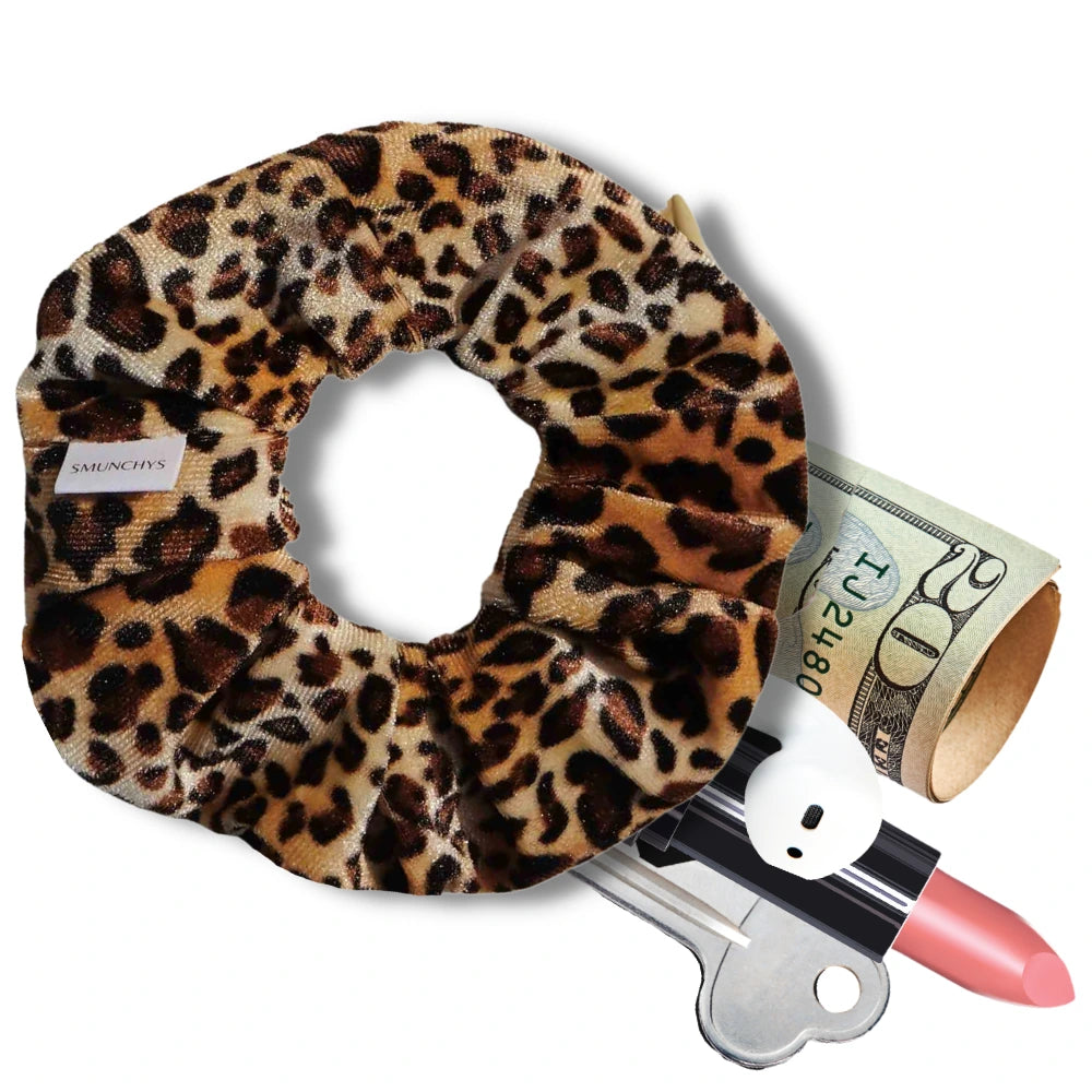Leopard Velvet Zipper Pocket Scrunchy