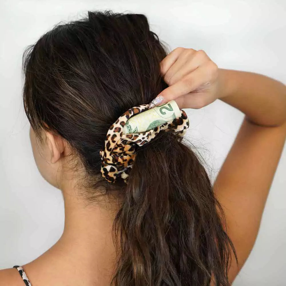 Leopard Velvet Zipper Pocket Scrunchy