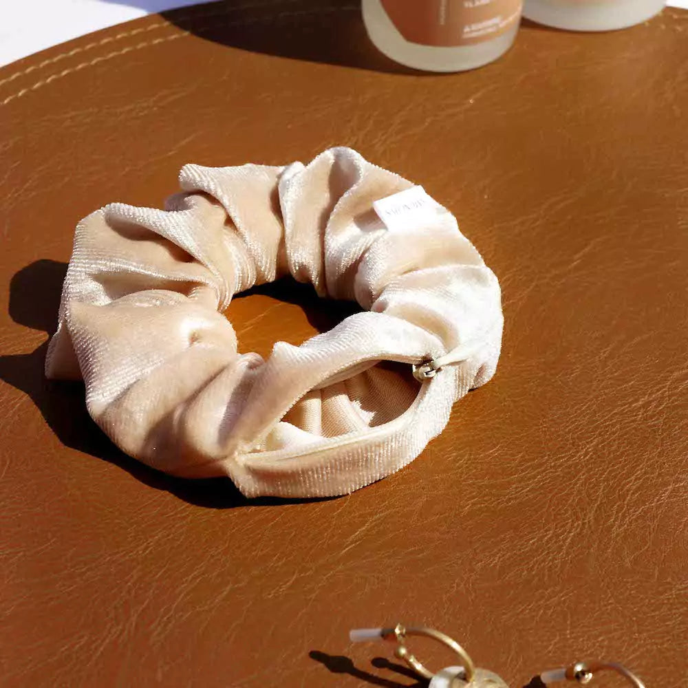 Cream Velvet Zipper Pocket Scrunchy