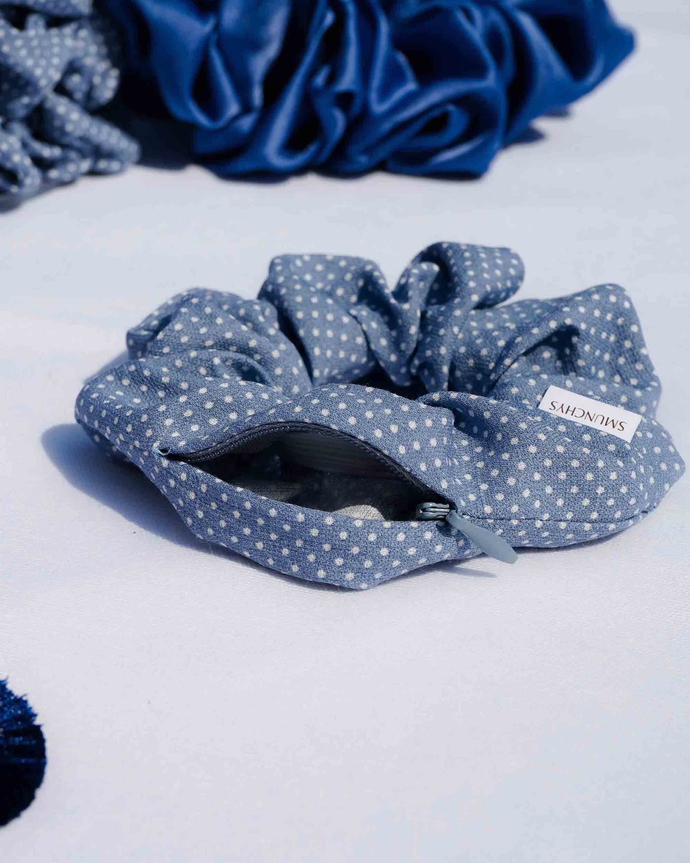 Blue Polka Dot Zipper Scrunchie - Smunchys