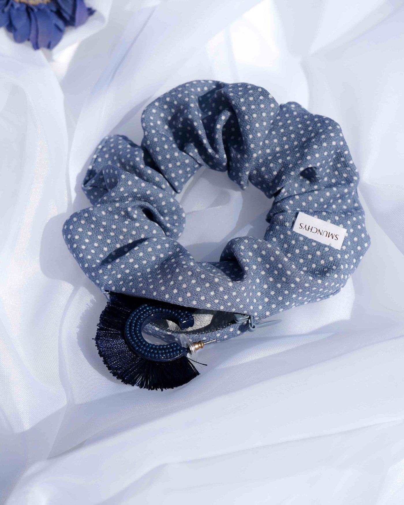 Blue Polka Dot Zipper Scrunchie - Smunchys