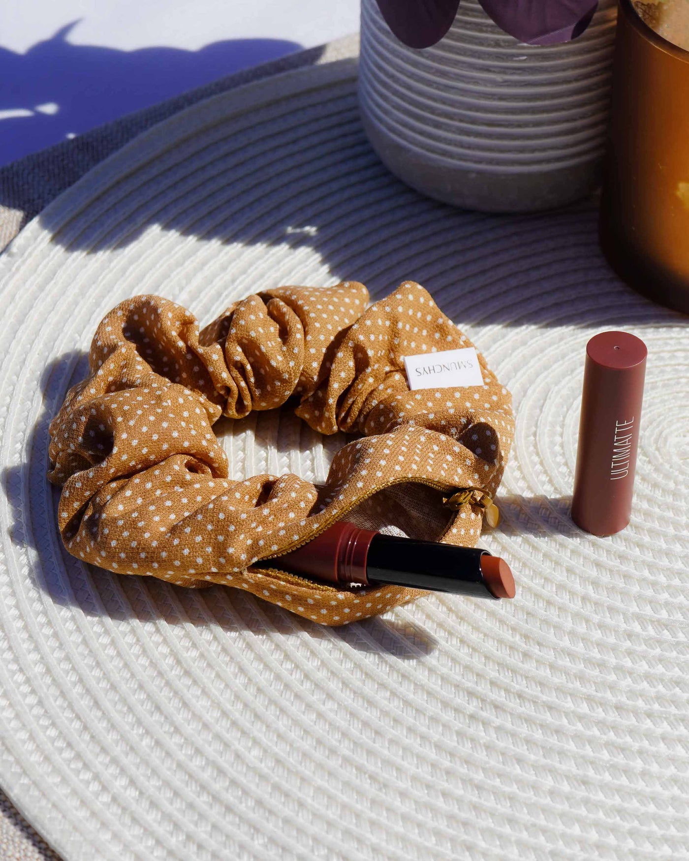 Caramel Polka Dot Zipper Scrunchie - Smunchys