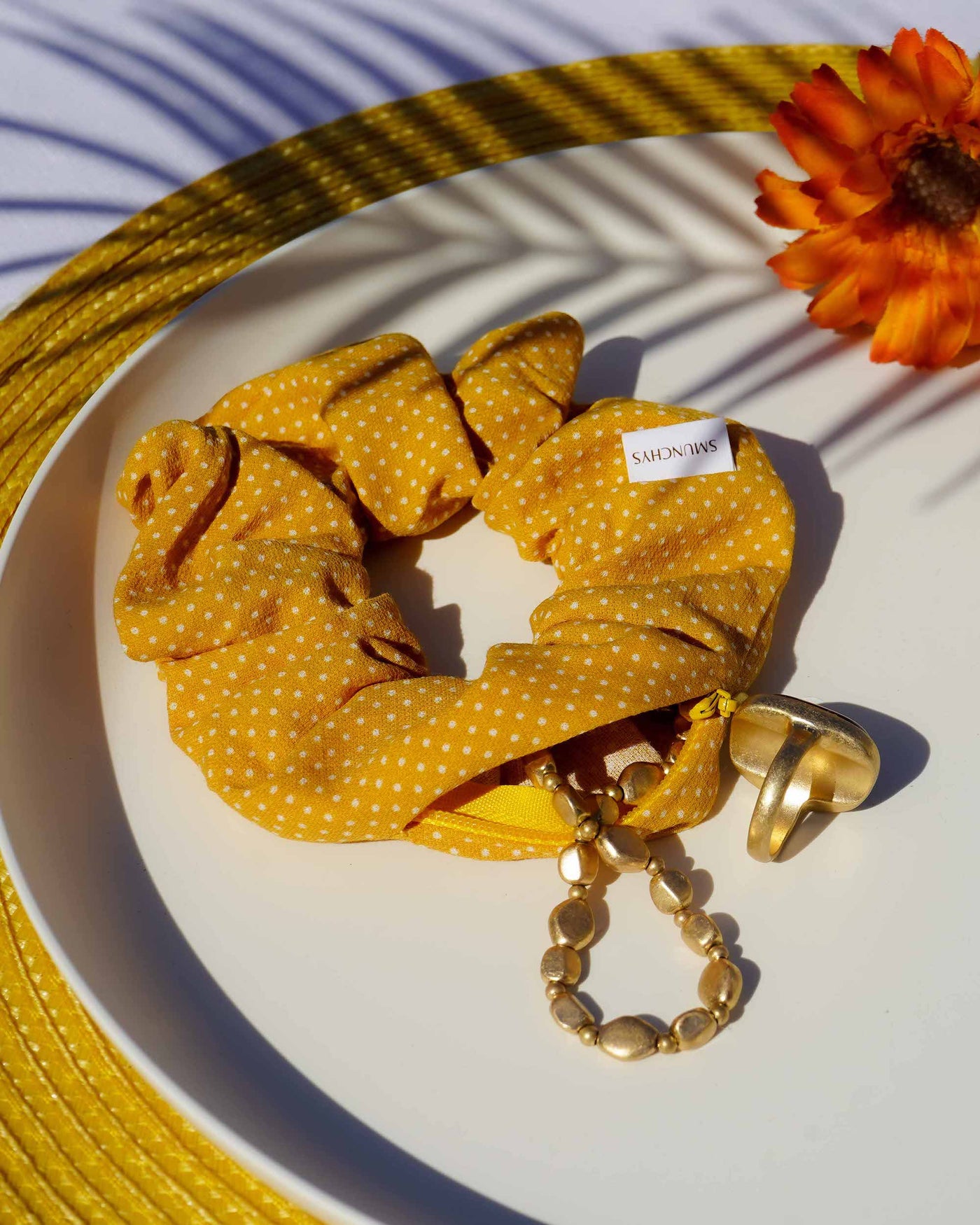 Mustard Polka Dot Zipper Scrunchie - Smunchys